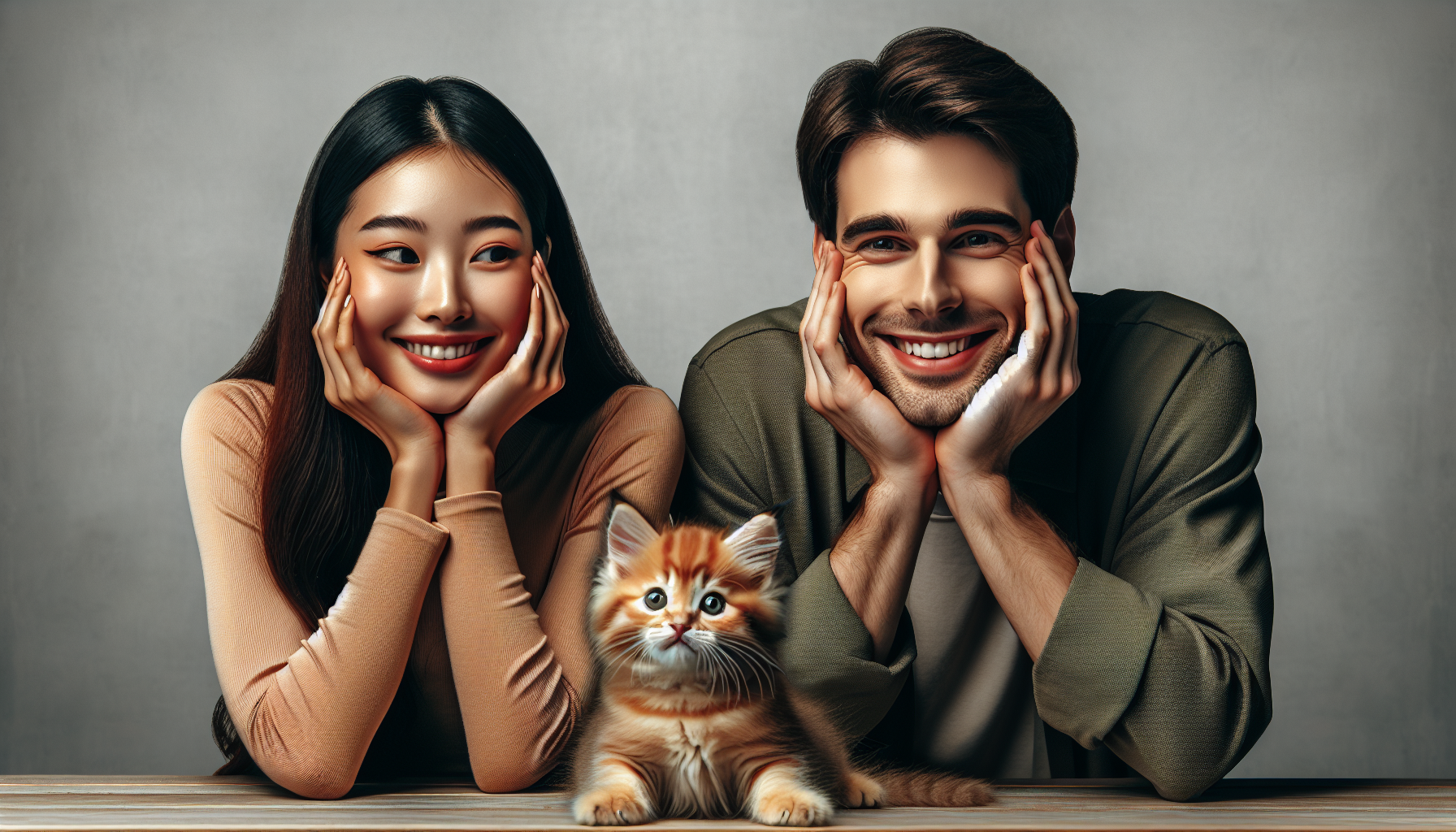 可愛らしい猫を見て、両手を頬に当て微笑んでいる男女