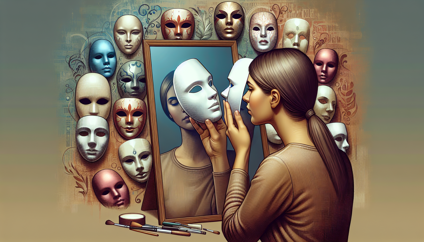 鏡の前でお面を顔につけている女性、周囲には様々な種類のお面が並んでいる