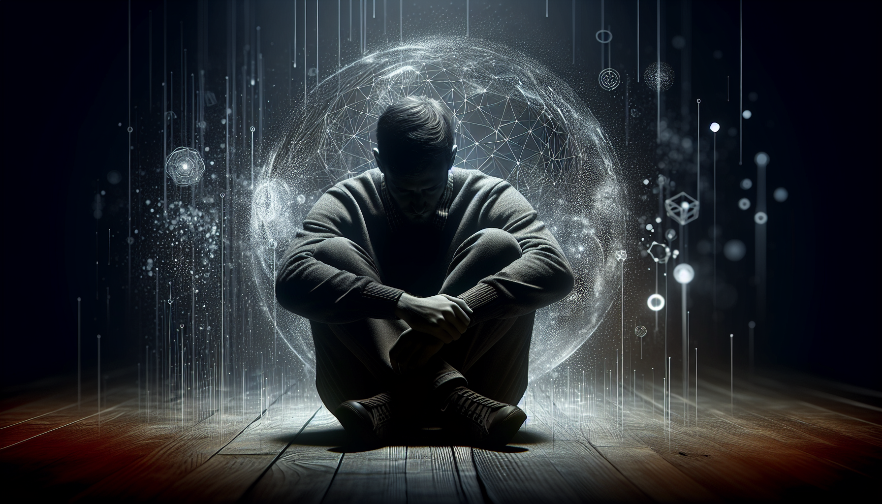 薄暗い室内で悲しげな表情で膝を抱えて座っている人