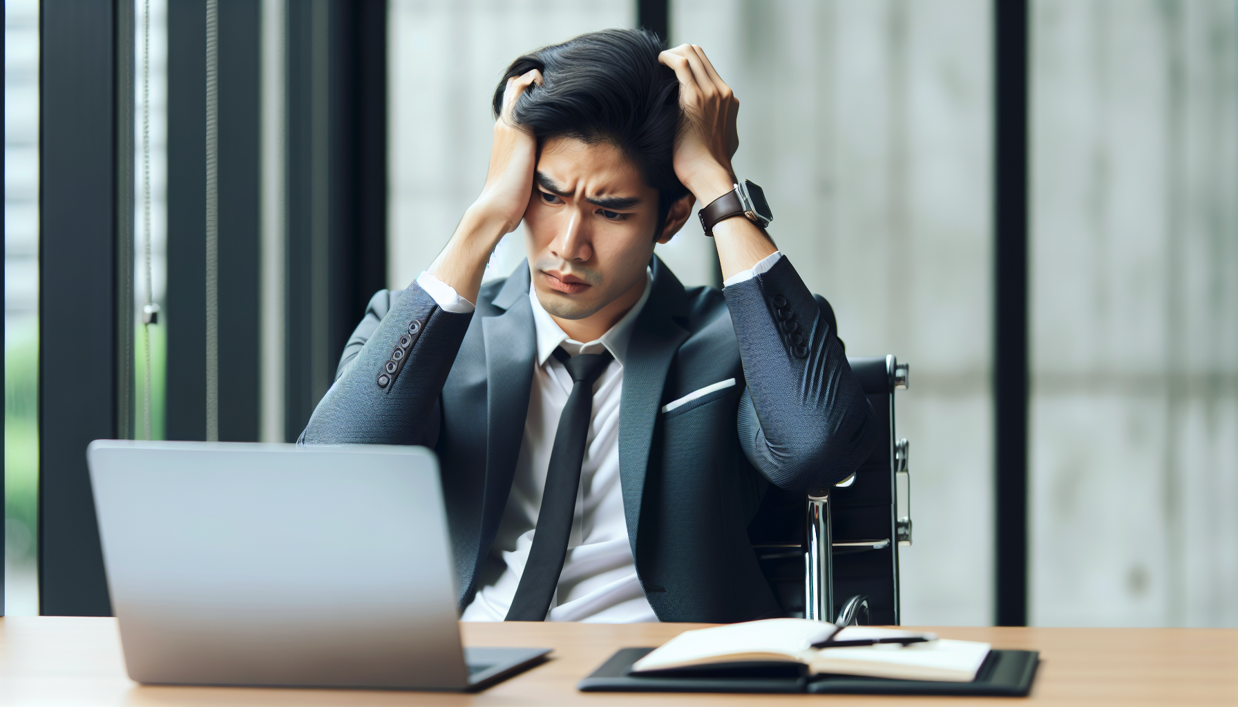 会社のデスクでパソコンの前に座り、頭を抱えているビジネスマン