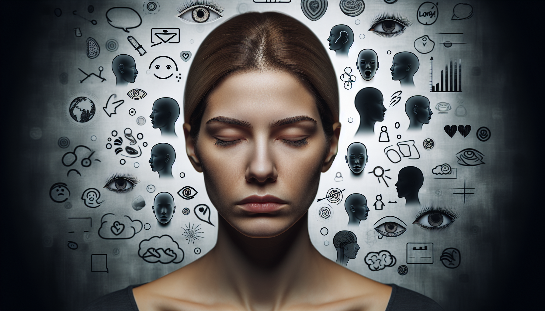 無表情な女性と、その背後にある様々な感情を表すイラスト