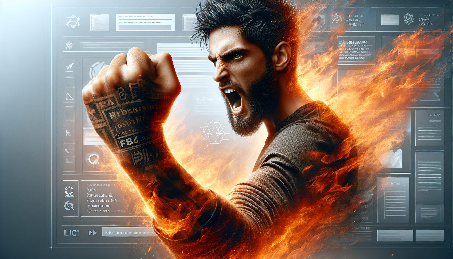 拳を握り締め怒りの表情を浮かべる男性、背景には燃えたぎる炎