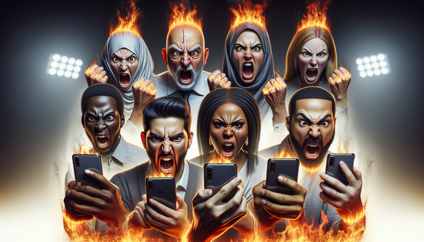 様々な人種の人々の怒りの表情と、スマートフォンを操作する手元、背景に燃えたぎる炎