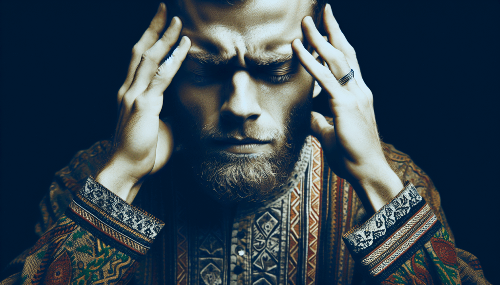 つらそうな表情で目を閉じ、耳を塞いている男性