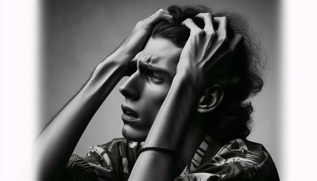 頭を抱えて辛そうな表情を浮かべる女性