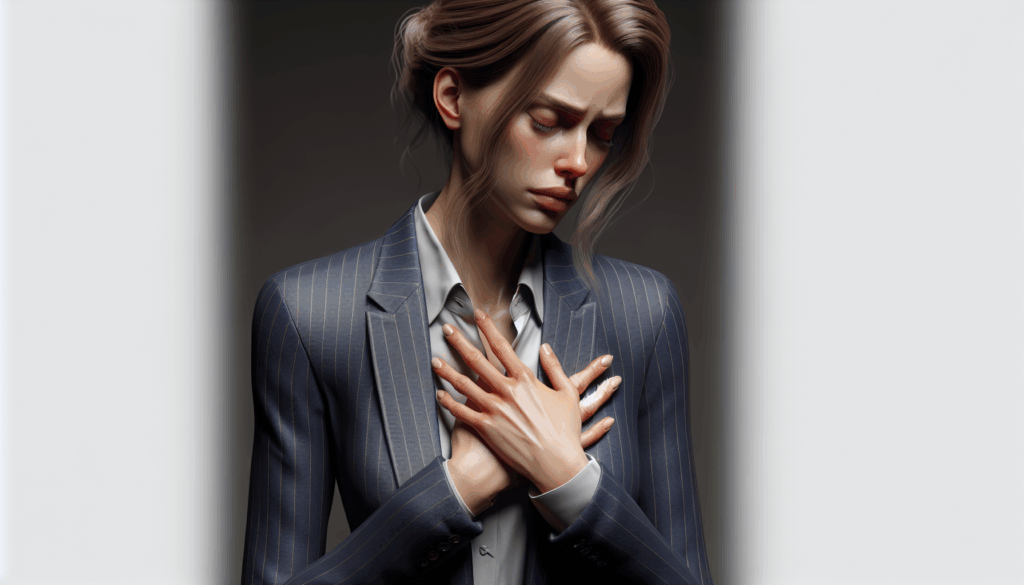 胸を押さえて悲しそうな表情で目を閉じているスーツ姿の女性