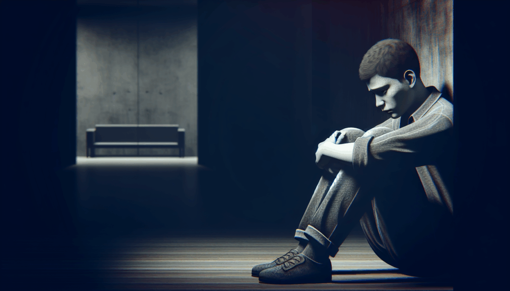 薄暗い室内で悲しげな表情で膝を抱えて座っている人