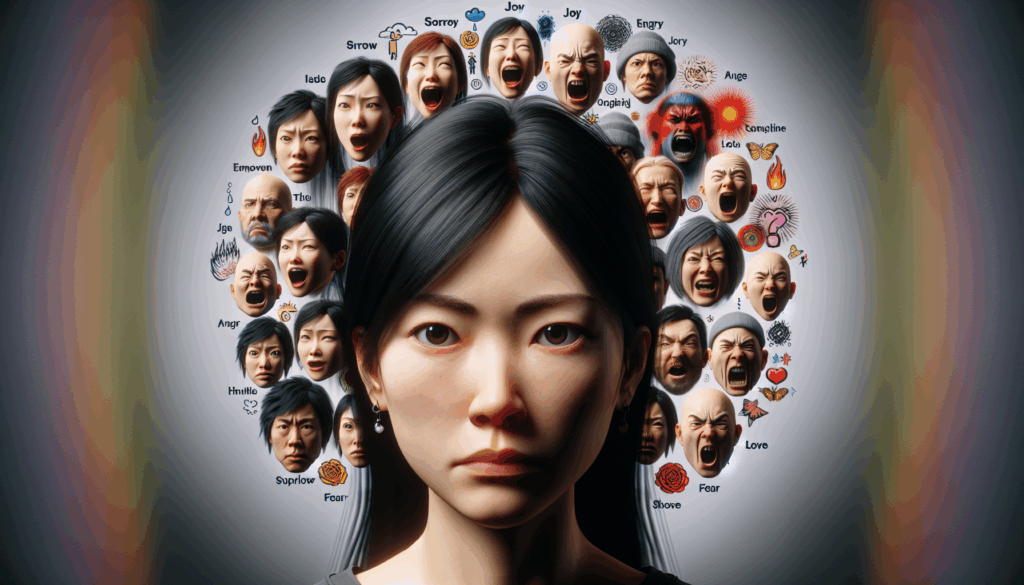 無表情な女性と、その背後にある様々な感情を表すイラスト