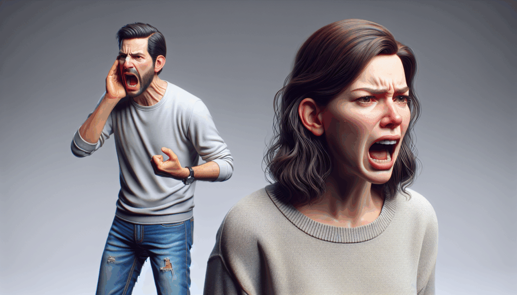 怒った表情で両手を腰に当て叫んでいる人と肩を落とし悲しい表情を浮かべる人