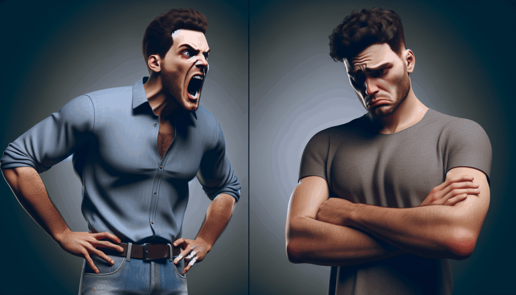 怒った表情で両手を腰に当て叫んでいる人と肩を落とし悲しい表情を浮かべる人