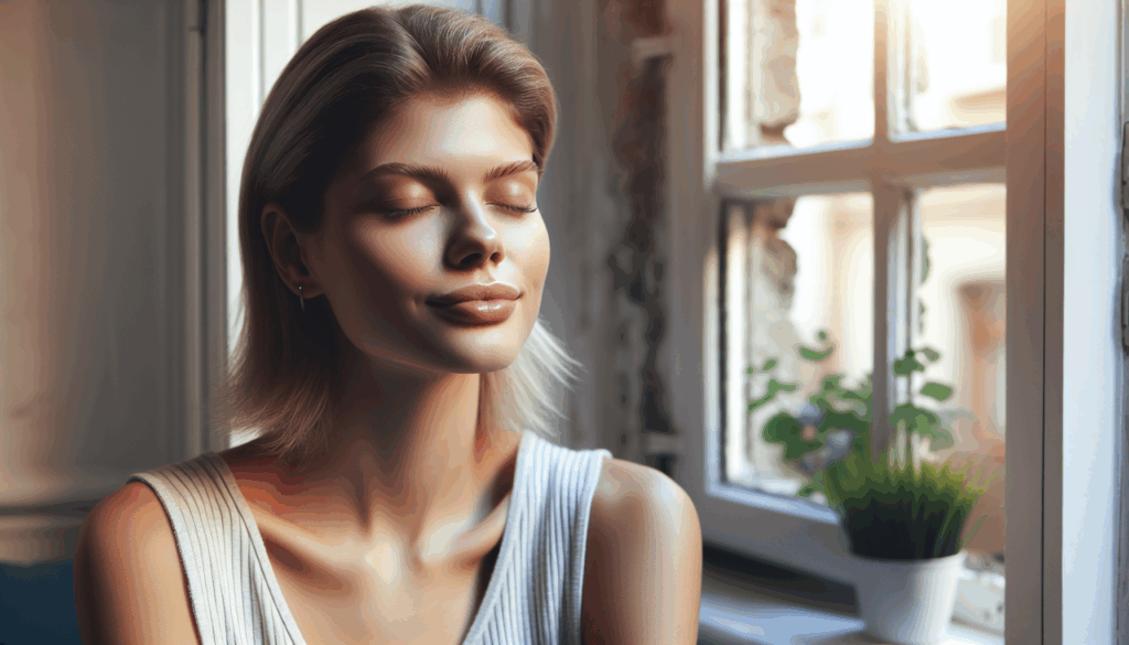 目を閉じてリラックスした表情で窓際の椅子に座っている女性