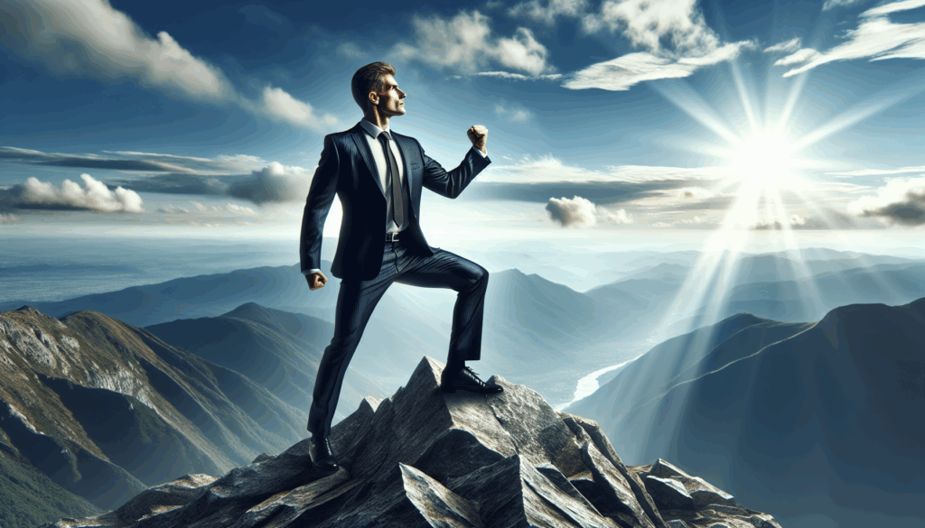 山の頂上でガッツポーズをとっているビジネスマン