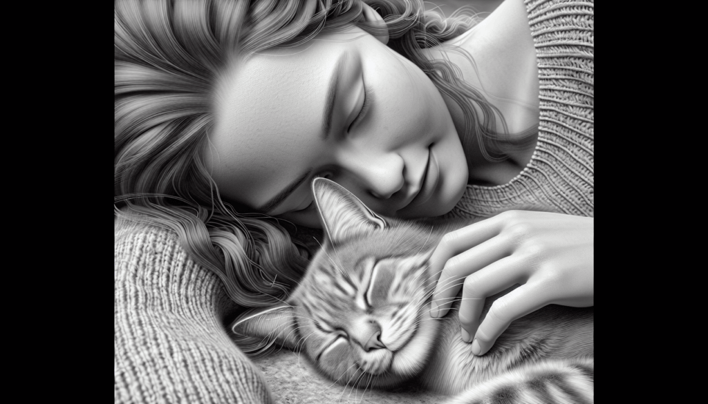 猫を膝の上に乗せてリラックスしている女性