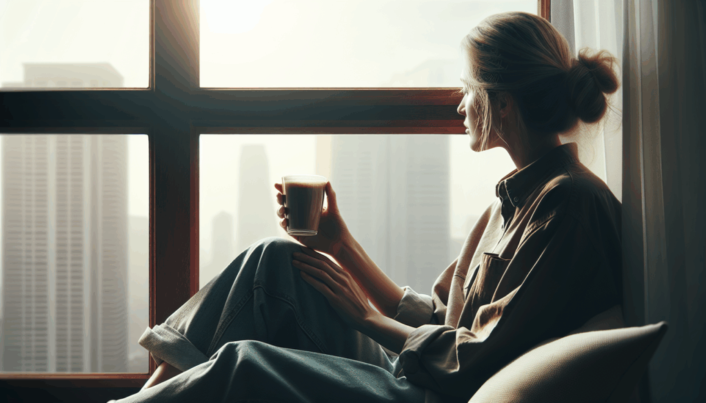 窓辺に座り、コーヒーを片手にリラックスしている女性
