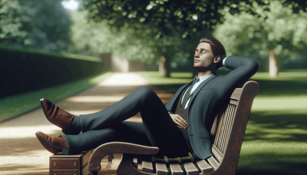 公園のベンチに腰掛け、目を閉じてリラックスするスーツ姿の男性