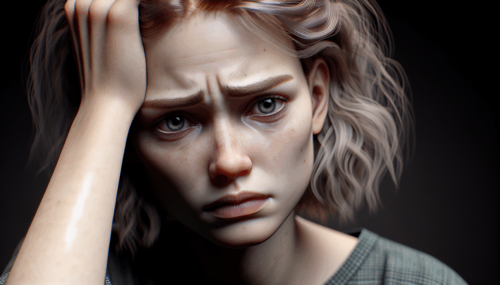 頭を抱えて辛そうな表情を浮かべる女性