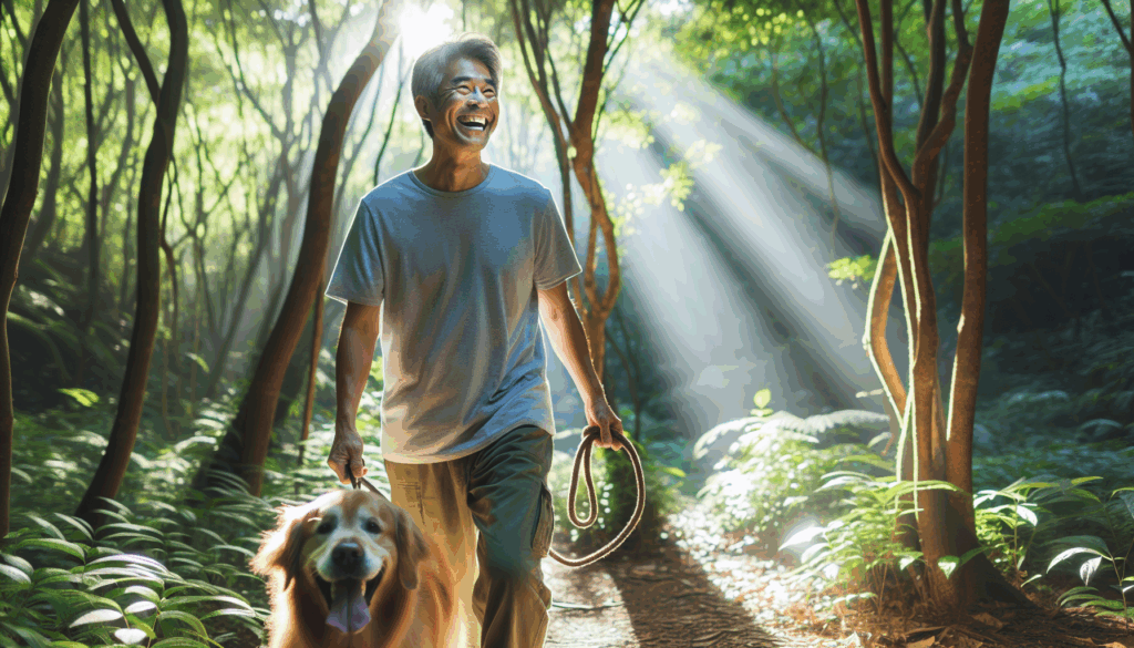 犬を連れて木立の中を散歩する笑顔の男性