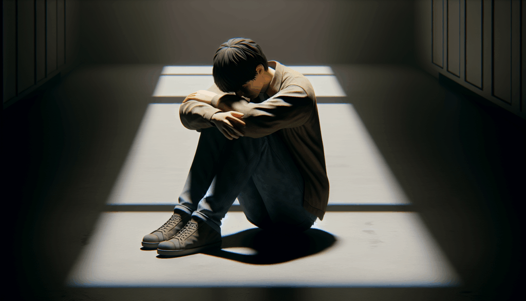 薄暗い室内で悲しげな表情で膝を抱えて座っている人