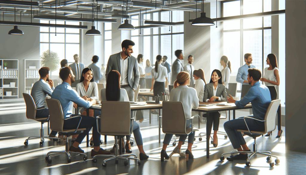 オフィスで談笑する会社員たち、明るい雰囲気