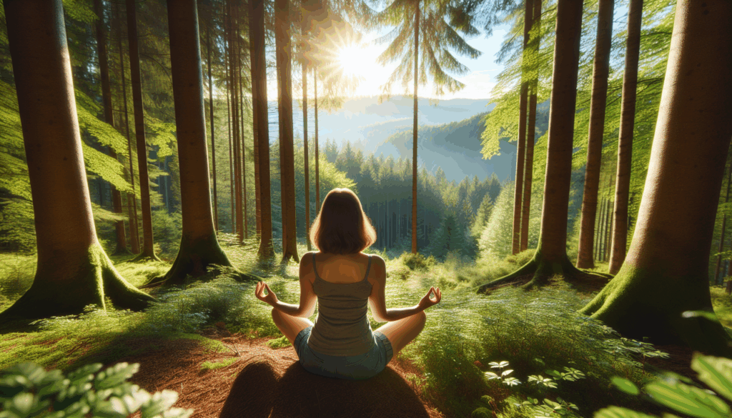 木立の中で瞑想をしている女性