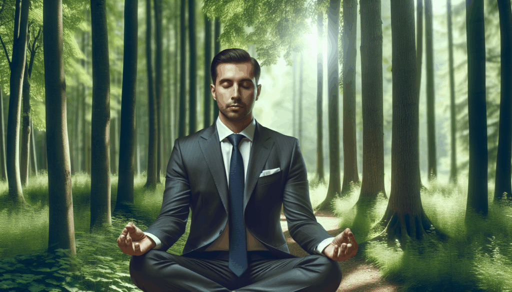 スーツ姿で木立の中で瞑想するビジネスマン