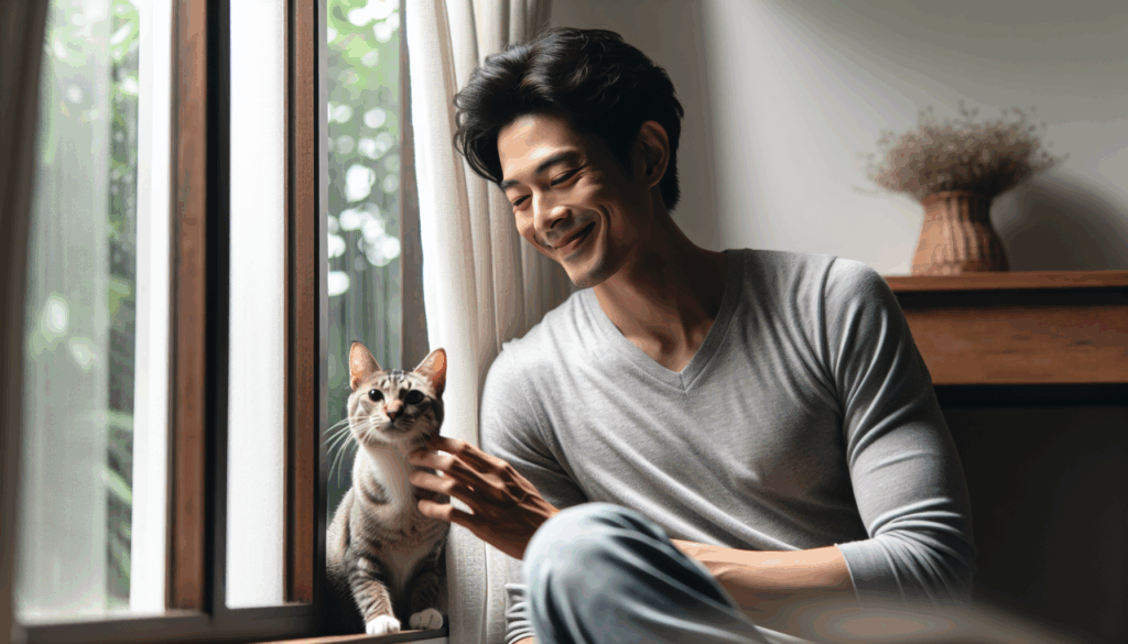 窓際で猫を撫でながら微笑んでいる男性