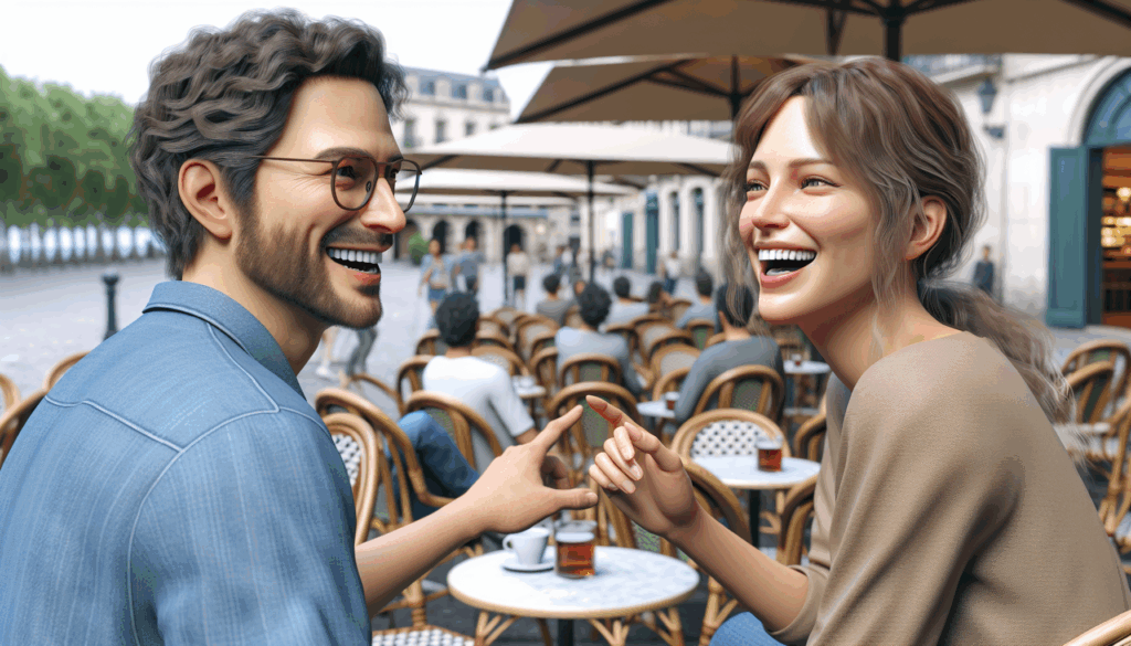 カフェのテラス席で笑顔で談笑する男女