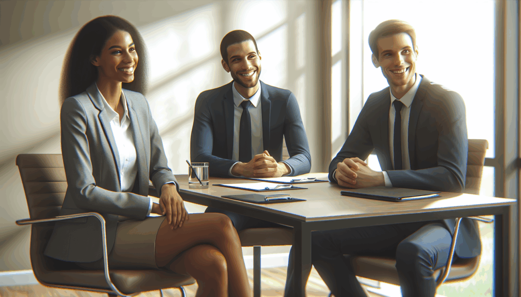 会議室で笑顔で談笑する会社員の男女3名