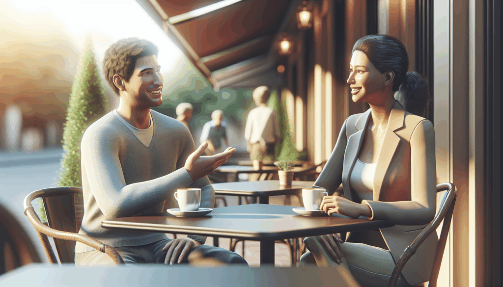 カフェのテラス席で笑顔で談笑する男女