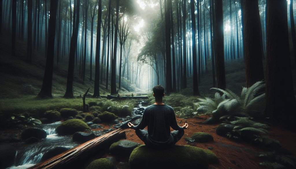 森の中で瞑想している男性