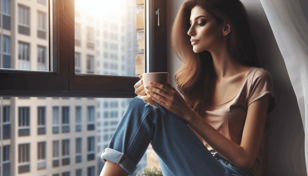 窓辺に座り、コーヒーを片手にリラックスしている女性