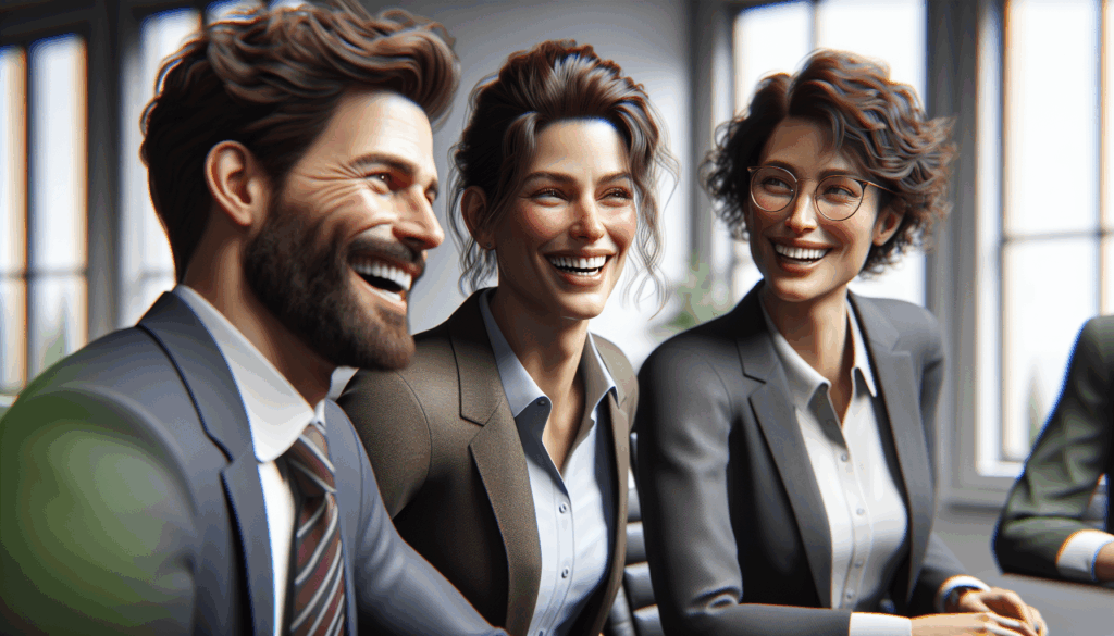 会議室で笑顔で談笑する会社員の男女3名