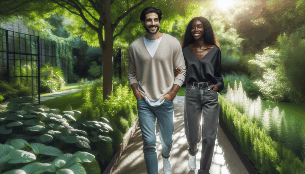 公園を笑顔で散歩する男女