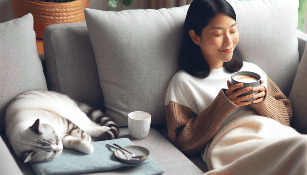 ソファでくつろぎながらゆったりとコーヒーを飲んでいる女性、傍に猫が眠っている
