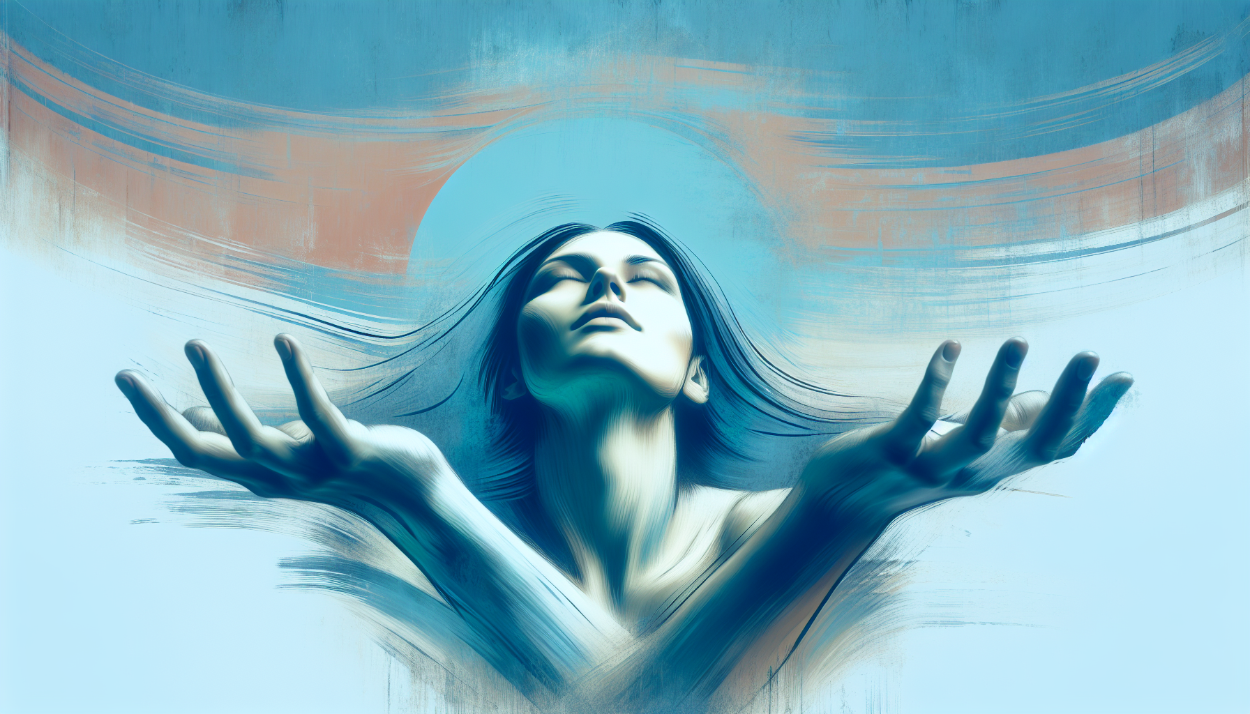 青空の下で両手を広げ、目を閉じて伸びをしている女性