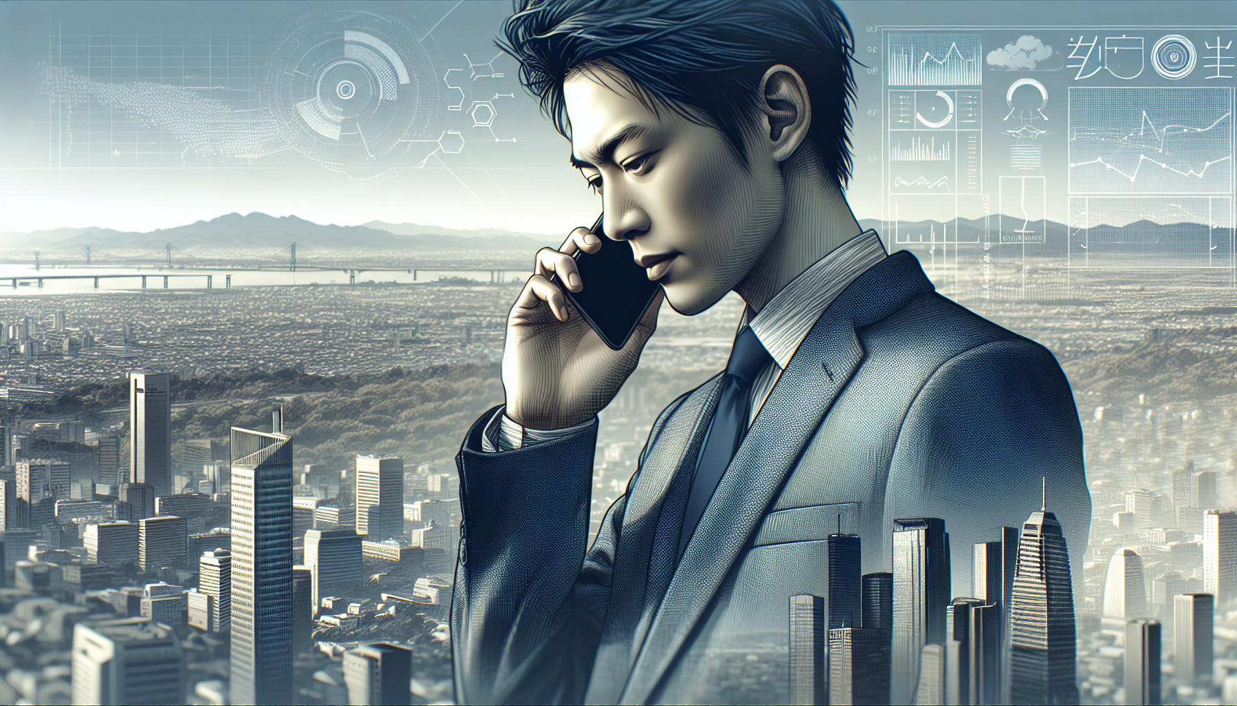 スマートフォンで通話をするスーツ姿の日本人男性、背景には都会の景色