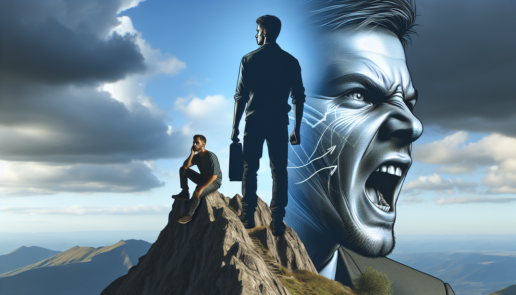 山の頂上に立っている人物と、怒りの表情を浮かべている人物