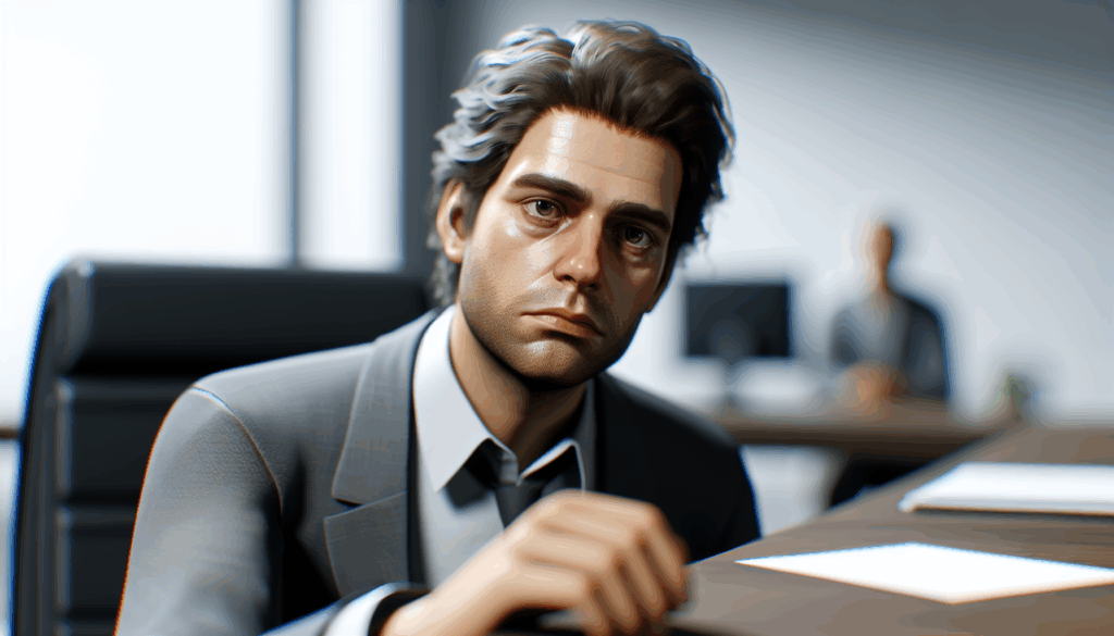 悩みを抱えた表情で、オフィスのデスクに座っている男性