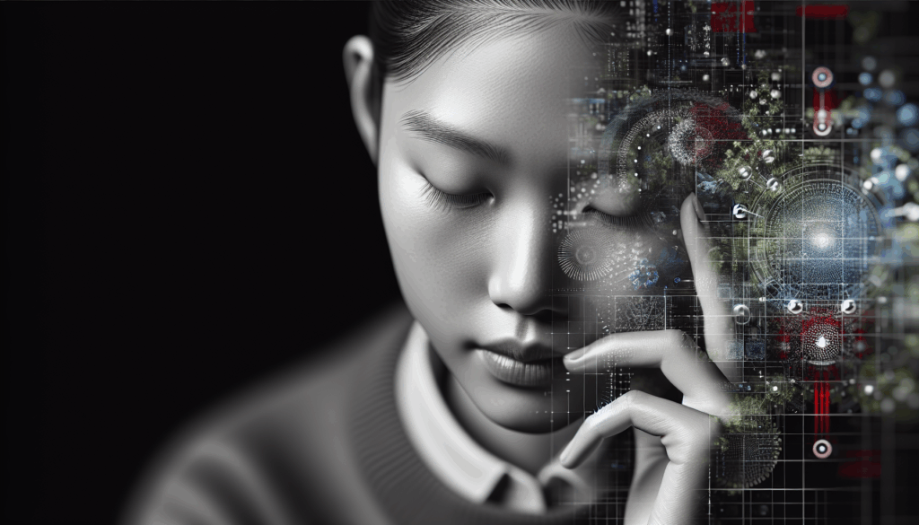 頬に片手を当てて、考え事をしている女性