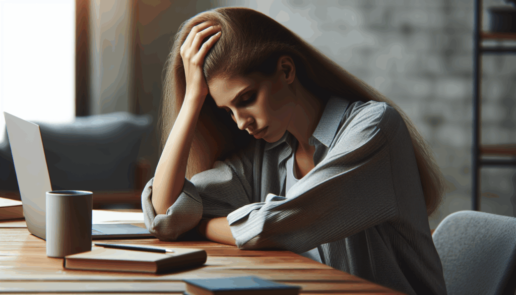 オフィスのデスクで頭を抱えて悩んでいる女性