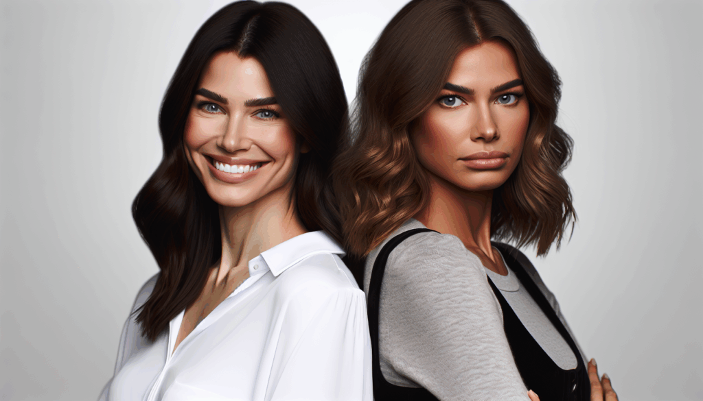 背中合わせに立っている2人の女性、1人は魅力的な笑顔でもう1人は暗い表情