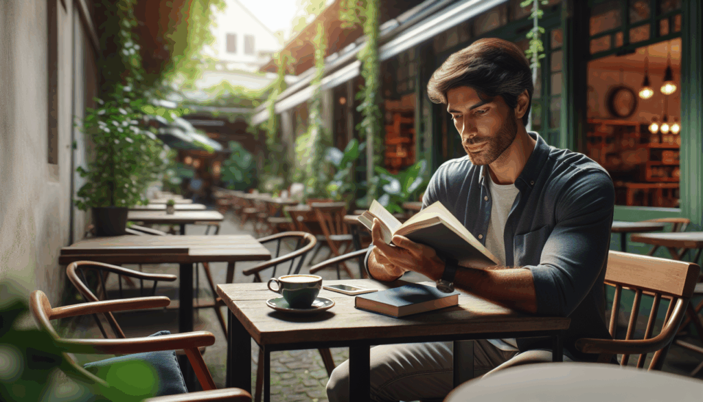 カフェのテラス席で読書をする男性