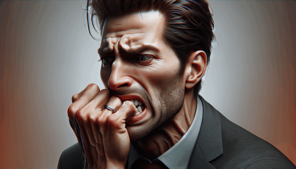 悔しそうな表情で爪を噛んでいる男性