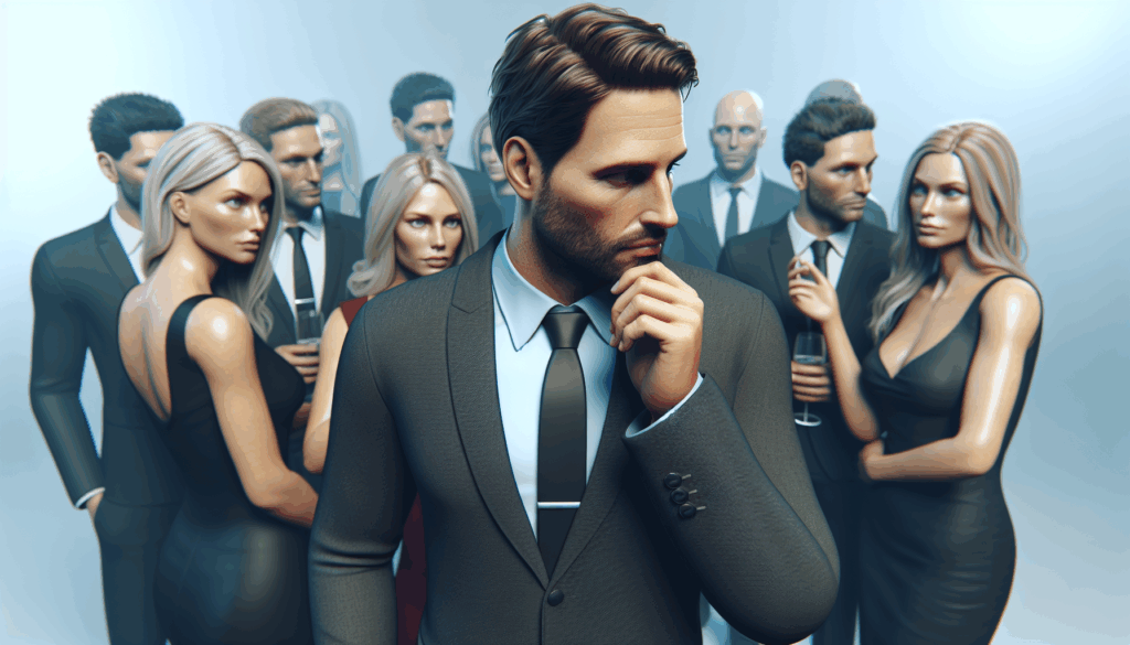 立食パーティで、周囲の人からの視線を気にする男性