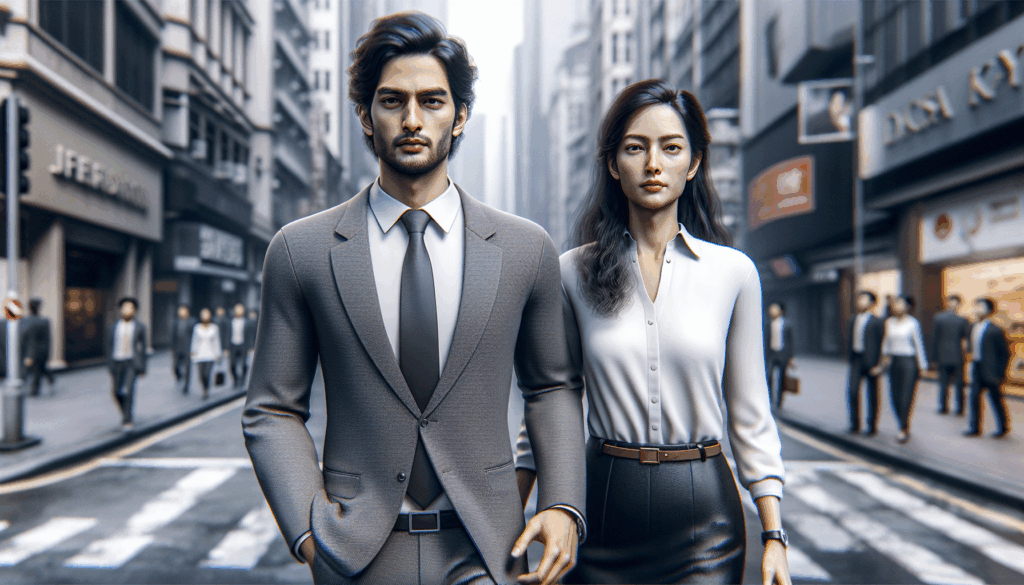 スーツ姿で都会を歩く男女