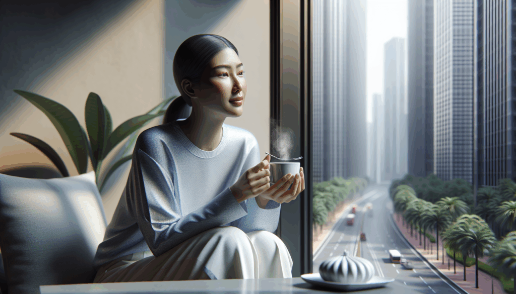 窓辺でコーヒーを飲みながらリラックスしている女性