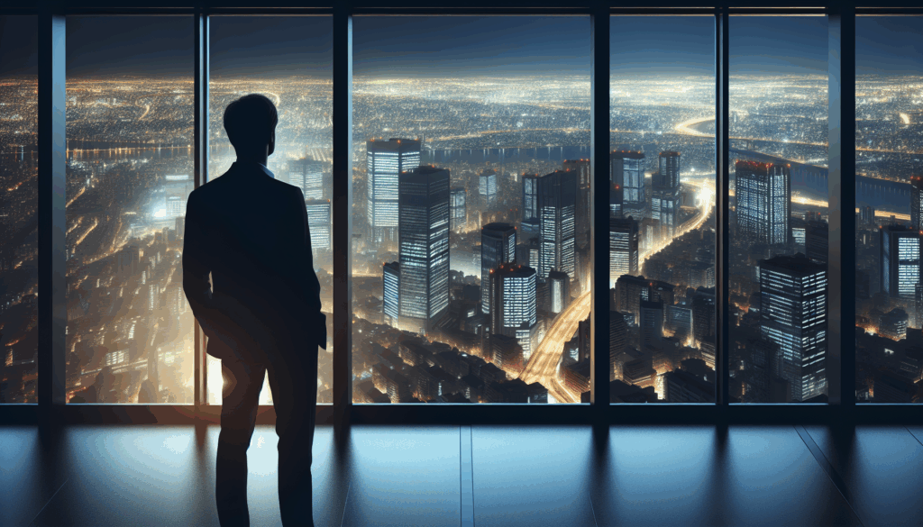 高層ビルの上層階の窓から夜景を見る人物の後ろ姿
