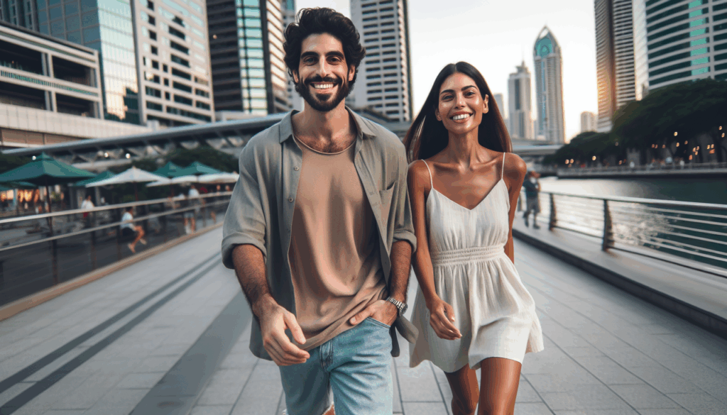 都会を歩く笑顔の男女