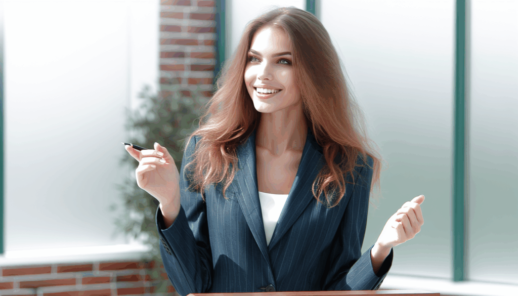 自信に溢れた表情で、スピーチを行う女性