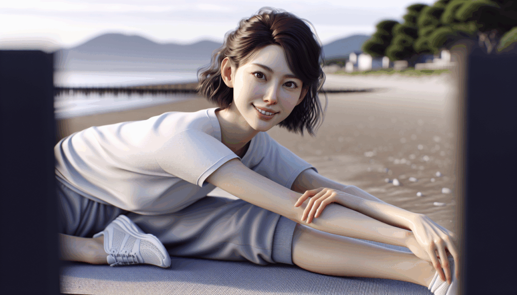 リラックスした笑顔で伸びをする女性